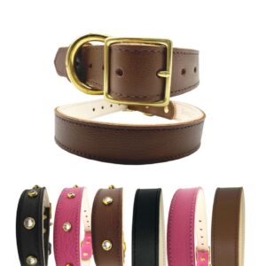 Plain Leather Dog Collar - No Crystal, L, Brown