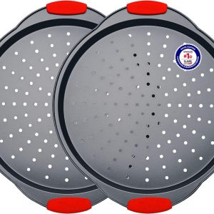 Pizza Tray Carbon Steel Pizza Pan with Holes and Non-Stick Coating - PFOA PFOS and PTFE Free by Bakken - 2 Pack